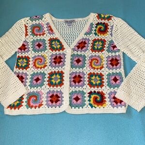 COTTON EMPORIUM crocheted cardigan button up long sleeves granny squares size XL